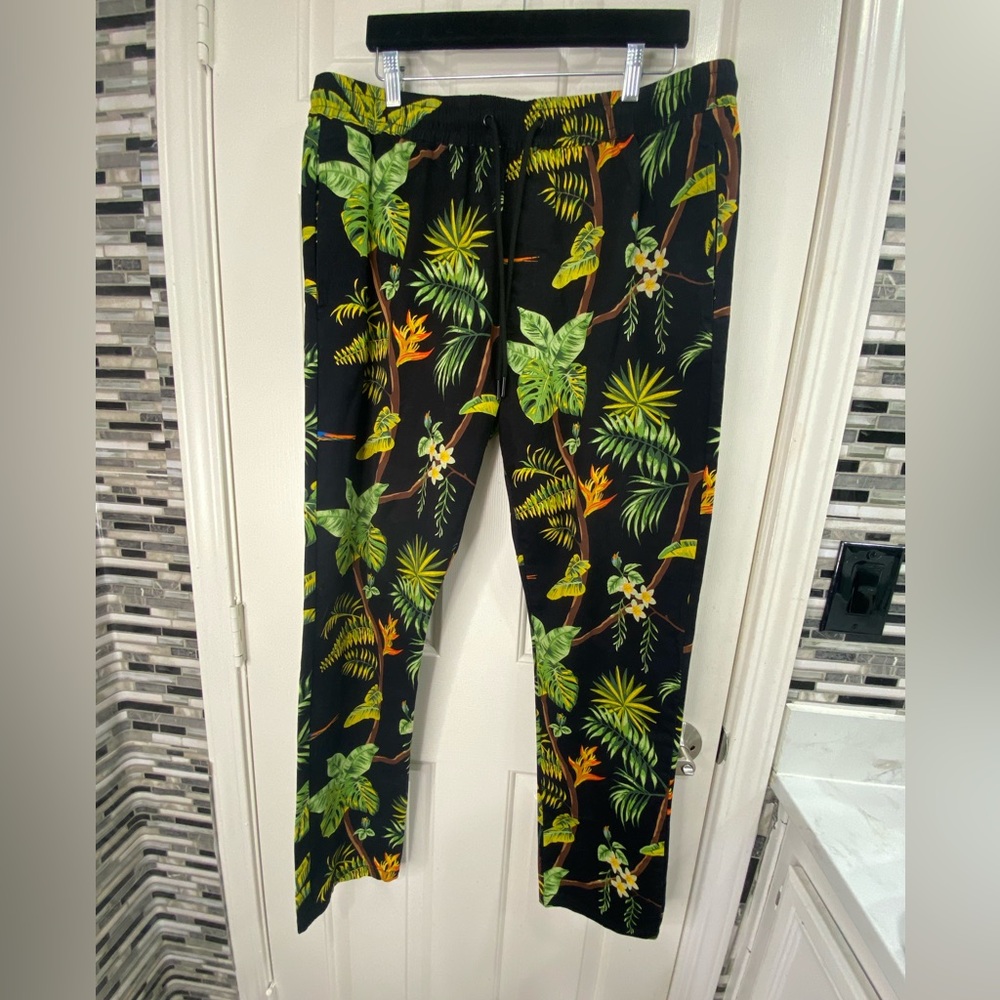 Tropical Print Black Pants